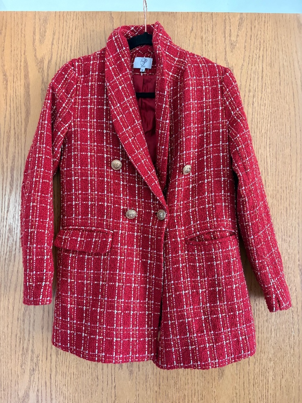 Red, gold, and white tweed blazer